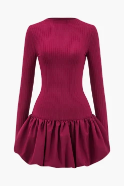 MICAS Mini Dresses|Long Sleeve Dresses-Basic Long Sleeve Cut Out Puff Hem Mini Dress BURGUNDY
