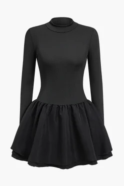 MICAS Long Sleeve Dresses|Mini Dresses-Basic Puff Long Sleeve Mini Dress BLACK