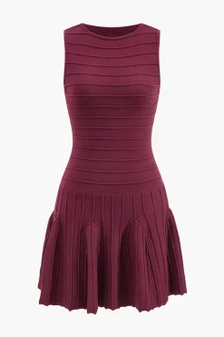 MICAS Knit Dresses-Basic Ribbed Sleeveless Sweater Dress BURGUNDY