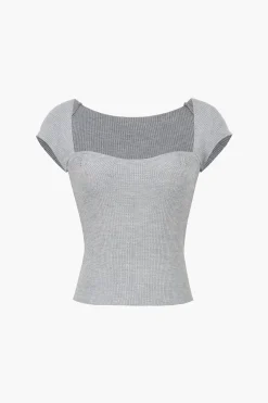MICAS T-Shirts-Basic Ribbed Square Neck Short Sleeve T-Shirt GRAY