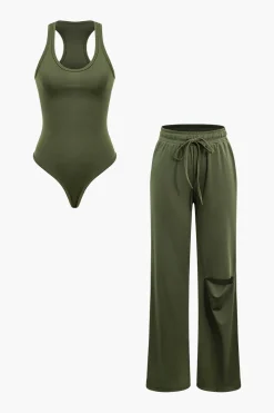 MICAS Pant Sets|Vacation Sets-Basic Round Neck Sleeveless Bodysuit And Ripped Drawstring Straight Leg Pants Set