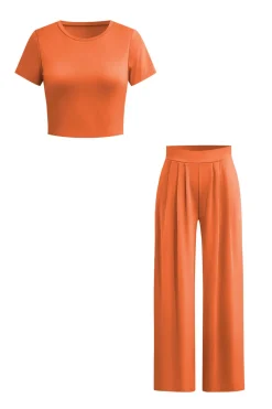 MICAS Pant Sets-Basic Solid Crop T-shirt And Pleated High Waist Wide Leg Pants Set