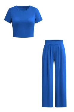 MICAS Pant Sets-Basic Solid Crop T-shirt And Pleated High Waist Wide Leg Pants Set
