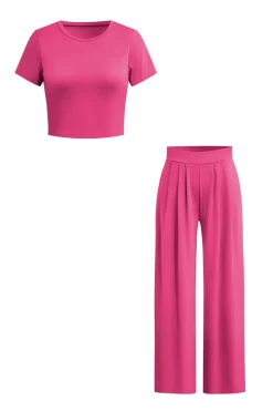 MICAS Pant Sets-Basic Solid Crop T-shirt And Pleated High Waist Wide Leg Pants Set