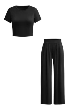 MICAS Pant Sets-Basic Solid Crop T-shirt And Pleated High Waist Wide Leg Pants Set