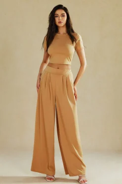 MICAS Pant Sets-Basic Solid Crop T-shirt And Pleated High Waist Wide Leg Pants Set