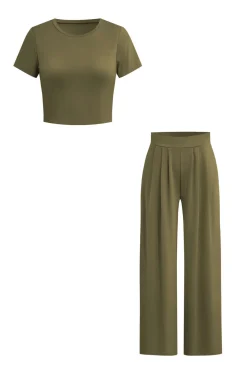 MICAS Pant Sets-Basic Solid Crop T-shirt And Pleated High Waist Wide Leg Pants Set