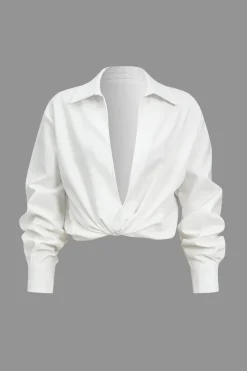 MICAS Long Sleeve Tops|Long Sleeves Tops-Basic Solid Design V-Neck Long-Sleeve Shirt WHITE
