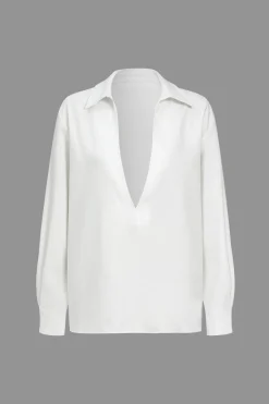 MICAS Long Sleeve Tops|Long Sleeves Tops-Basic Solid Design V-Neck Long-Sleeve Shirt WHITE