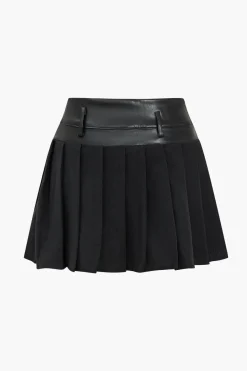 MICAS Skirts-Basic Solid Faux Leather Pleated Mini Skirt BLACK