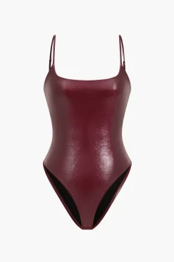 MICAS Bodysuits-Basic Solid Faux Leather Bodysuit