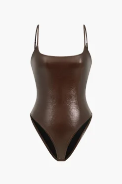 MICAS Bodysuits-Basic Solid Faux Leather Bodysuit