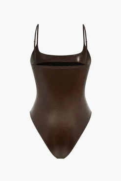 MICAS Bodysuits-Basic Solid Faux Leather Bodysuit