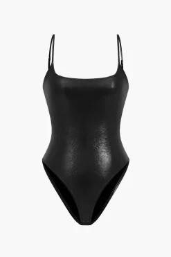 MICAS Bodysuits-Basic Solid Faux Leather Bodysuit