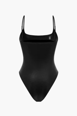 MICAS Bodysuits-Basic Solid Faux Leather Bodysuit