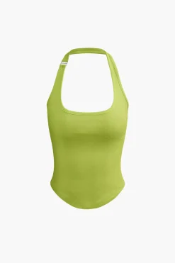 MICAS Tank Tops & Cami-Basic Solid Halter Curved Hem Tank Top