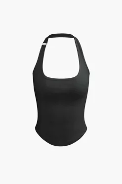 MICAS Tank Tops & Cami-Basic Solid Halter Curved Hem Tank Top