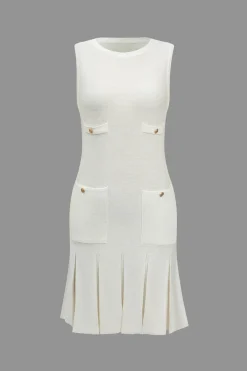 MICAS Knit Dresses-Basic Solid Knit Button Decoration Pleated Dress WHITE