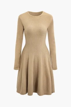 MICAS Long Sleeve Dresses|Knit Dresses-Basic Solid Knit Long-Sleeve Dress KHAKI