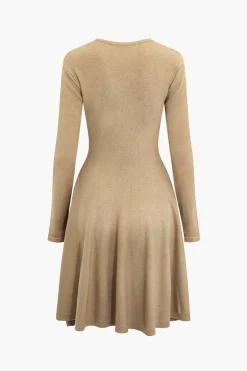 MICAS Long Sleeve Dresses|Knit Dresses-Basic Solid Knit Long-Sleeve Dress KHAKI
