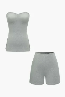 MICAS Short Sets|Vacation Sets-Basic Solid Knit Split Strapless Top And Shorts Set