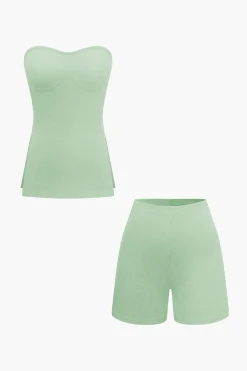 MICAS Short Sets|Vacation Sets-Basic Solid Knit Split Strapless Top And Shorts Set