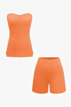 MICAS Short Sets|Vacation Sets-Basic Solid Knit Split Strapless Top And Shorts Set