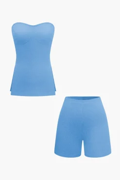 MICAS Short Sets|Vacation Sets-Basic Solid Knit Split Strapless Top And Shorts Set