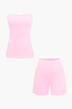 MICAS Short Sets|Vacation Sets-Basic Solid Knit Split Strapless Top And Shorts Set