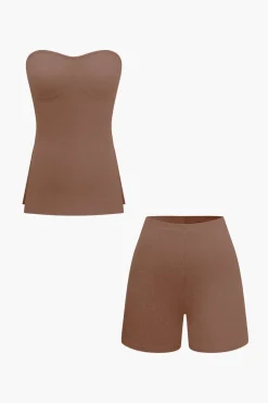 MICAS Short Sets|Vacation Sets-Basic Solid Knit Split Strapless Top And Shorts Set