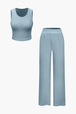 MICAS Pant Sets-Basic Solid Knit Tank Top And High Waist Pants Set