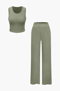 MICAS Pant Sets-Basic Solid Knit Tank Top And High Waist Pants Set