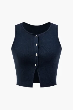 MICAS Knitwear|Knit Tops-Basic Solid Knit Vest DARK BLUE