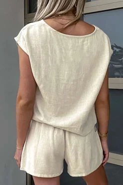 MICAS Short Sets-Basic Solid Linen Casual Shorts Set BEIGE