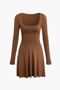 MICAS Long Sleeve Dresses|Mini Dresses-Basic Solid Long Sleeves U-Neck A-Line Mini Dress BROWN