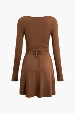 MICAS Long Sleeve Dresses|Mini Dresses-Basic Solid Long Sleeves U-Neck A-Line Mini Dress BROWN