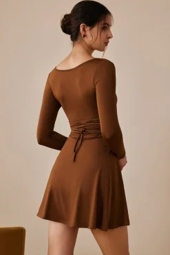 MICAS Long Sleeve Dresses|Mini Dresses-Basic Solid Long Sleeves U-Neck A-Line Mini Dress BROWN