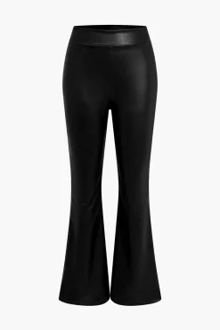 MICAS Pants-Basic Solid Pu Leather High-Waisted Flared Trousers