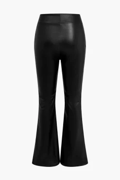 MICAS Pants-Basic Solid Pu Leather High-Waisted Flared Trousers