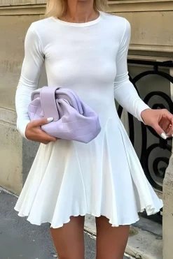 MICAS Mini Dresses|Long Sleeve Dresses-Basic Solid Ruffled Hem Long-Sleeve Mini Dress WHITE