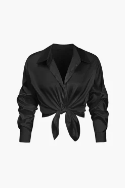 MICAS Long Sleeve Tops|Long Sleeves Tops-Basic Solid Satin Long-Sleeve Shirt