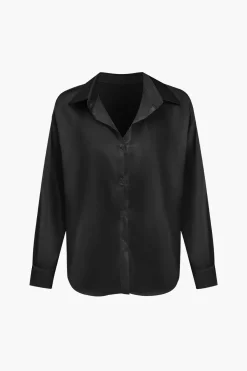 MICAS Long Sleeve Tops|Long Sleeves Tops-Basic Solid Satin Long-Sleeve Shirt