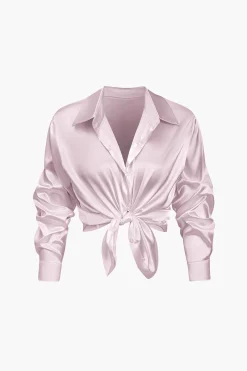 MICAS Long Sleeve Tops|Long Sleeves Tops-Basic Solid Satin Long-Sleeve Shirt
