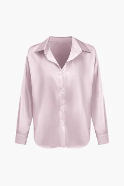MICAS Long Sleeve Tops|Long Sleeves Tops-Basic Solid Satin Long-Sleeve Shirt