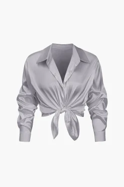 MICAS Long Sleeve Tops|Long Sleeves Tops-Basic Solid Satin Long-Sleeve Shirt