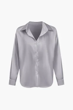 MICAS Long Sleeve Tops|Long Sleeves Tops-Basic Solid Satin Long-Sleeve Shirt