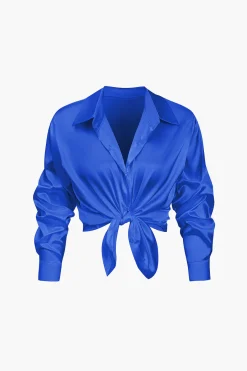 MICAS Long Sleeve Tops|Long Sleeves Tops-Basic Solid Satin Long-Sleeve Shirt