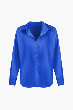MICAS Long Sleeve Tops|Long Sleeves Tops-Basic Solid Satin Long-Sleeve Shirt