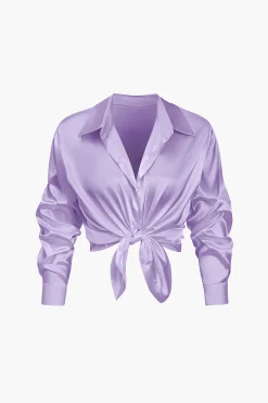MICAS Long Sleeve Tops|Long Sleeves Tops-Basic Solid Satin Long-Sleeve Shirt