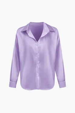 MICAS Long Sleeve Tops|Long Sleeves Tops-Basic Solid Satin Long-Sleeve Shirt